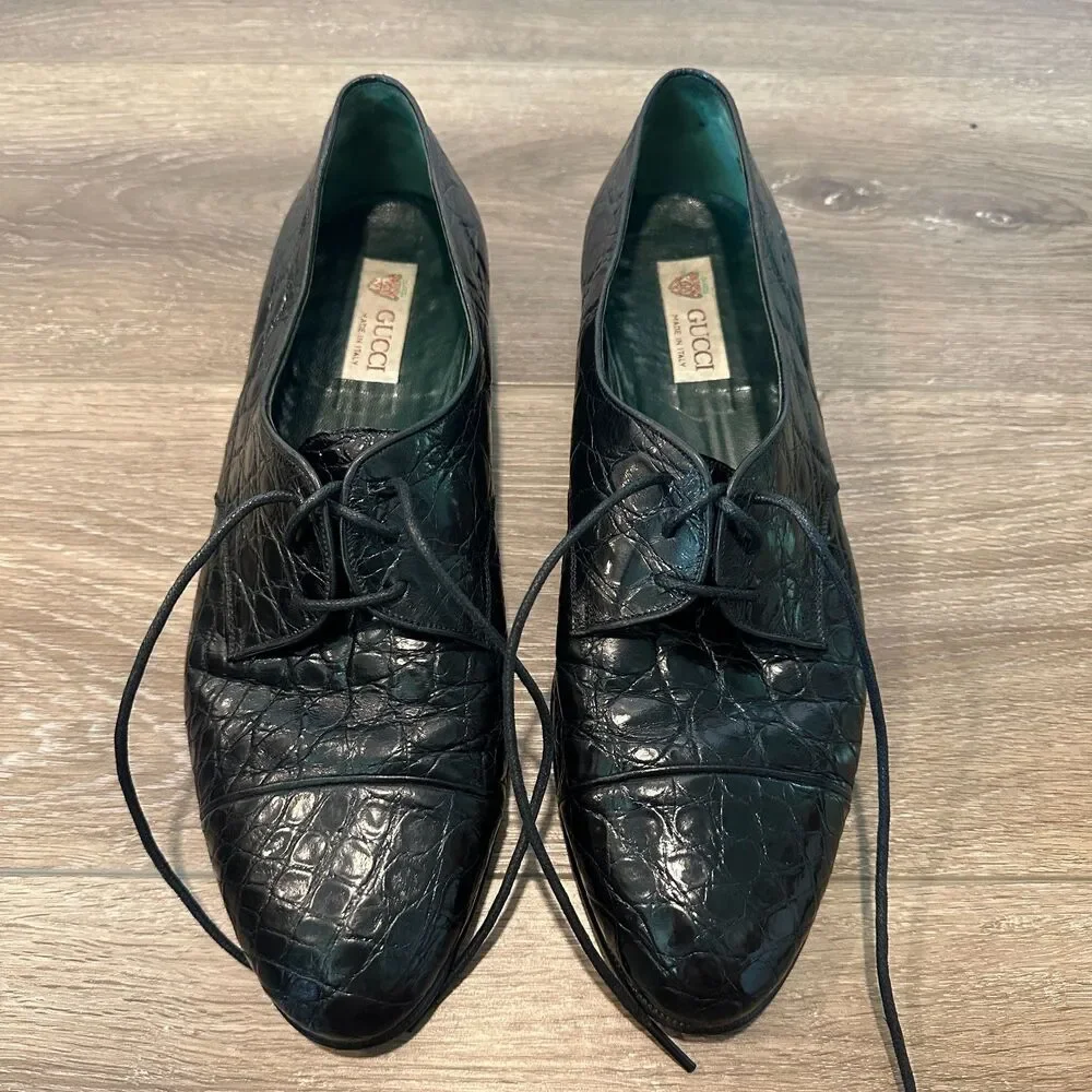 Vintage Gucci Black Alligator Leather Lace Up Derby Dress Shoes Mens Size 10